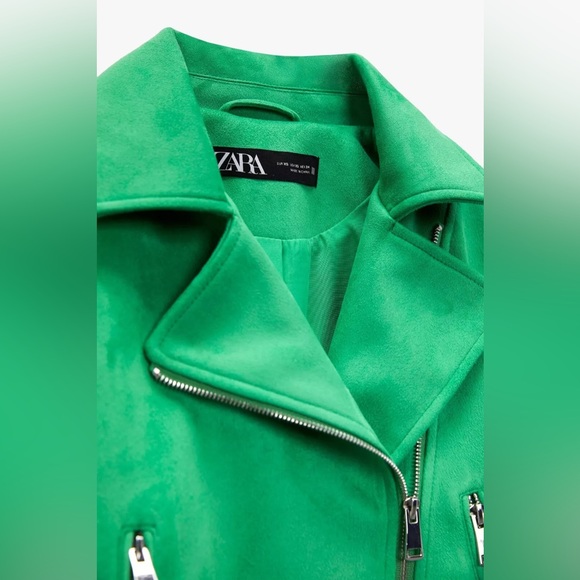 ZARA ~ ZARA GREEN FAUX SUEDE BIKE JACKET WITH Zippers And Belt - Picture 9 of 14